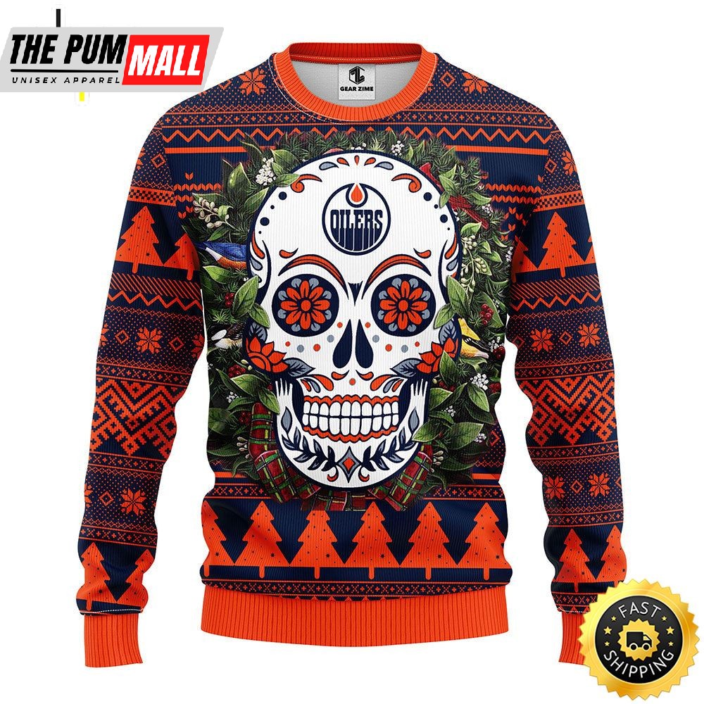 NFL Edmonton Oilers Skull Flower Ugly Christmas Ugly Sweater
