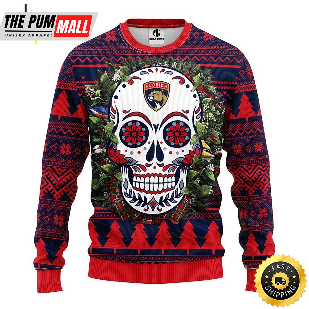 NFL Florida Panthers Skull Flower Ugly Christmas Ugly Sweater