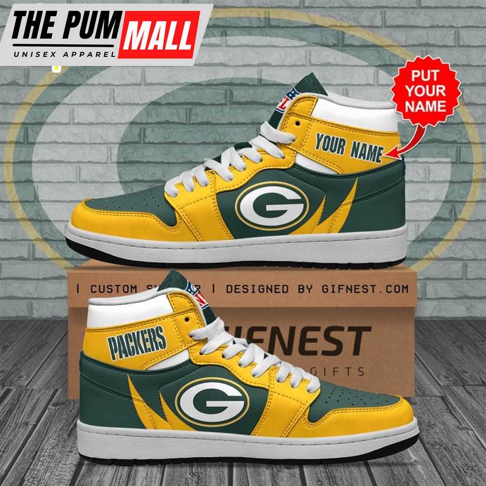 NFL Green Bay Packers Custom Name Yellow Green Air Jd 1 High Sneakers