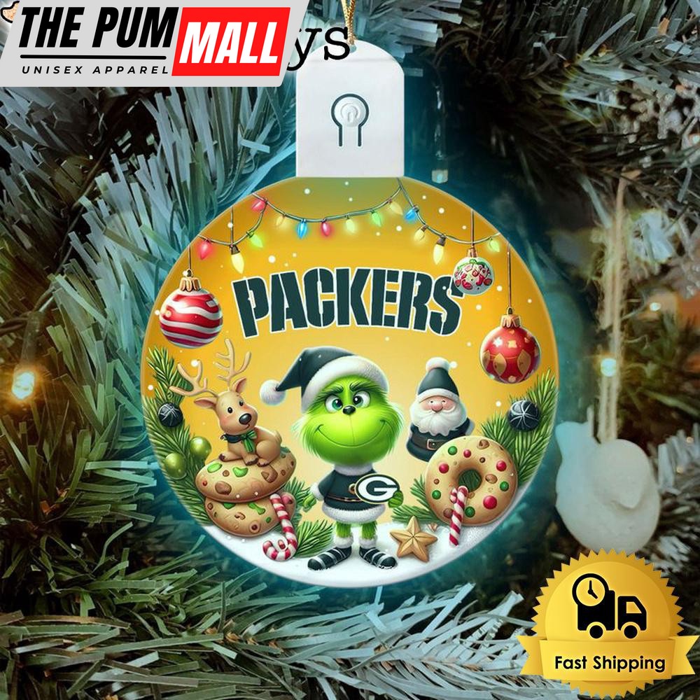 NFL Green Bay Packers Cute Grinch Christmas Circle Led Acrylic Ornament Limited Edition