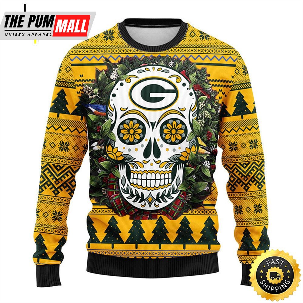 NFL Green Bay Packers Skull Flower Ugly Christmas Ugly Sweater