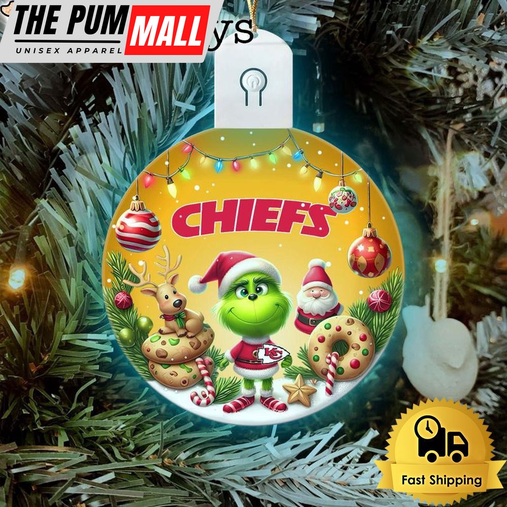 NFL Kansas City Chiefs Cute Grinch Christmas Circle Led Acrylic Ornament Limited Edition
