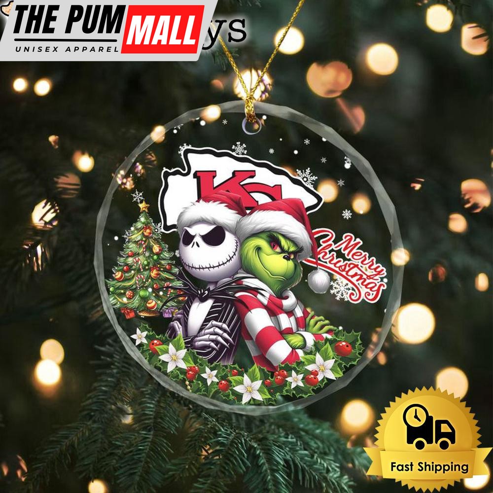 NFL Kansas City Chiefs Santa And Grtch Christmas Crystal Glass Ornament Limited Edition