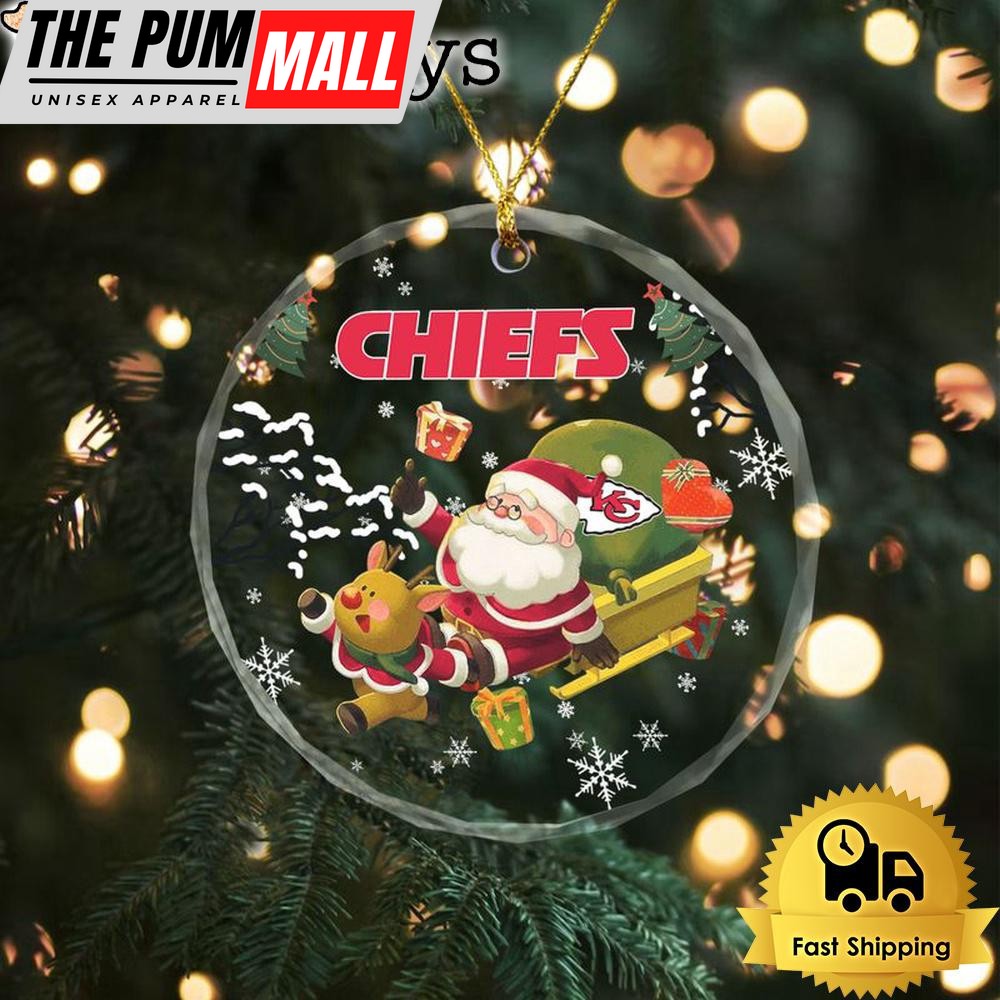 NFL Kansas City Chiefs Santa And Reindeer Christmas Crystal Glass Ornament Limited Edition