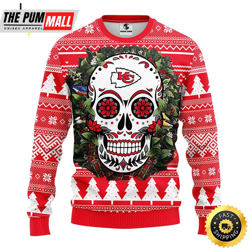 NFL Kansas City Chiefs Skull Flower Ugly Christmas Ugly Sweater