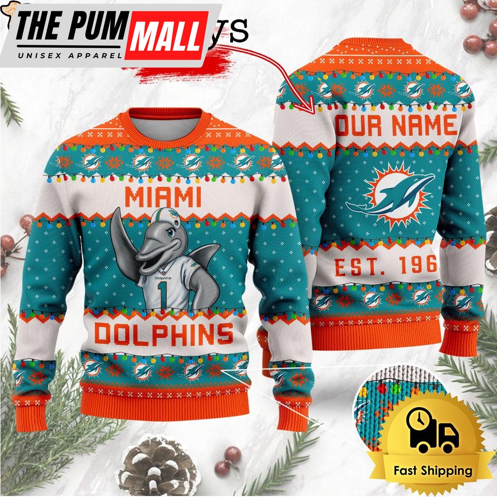 NFL Miami Dolphins Cute Mascot Custom Ugly Christmas Sweater
