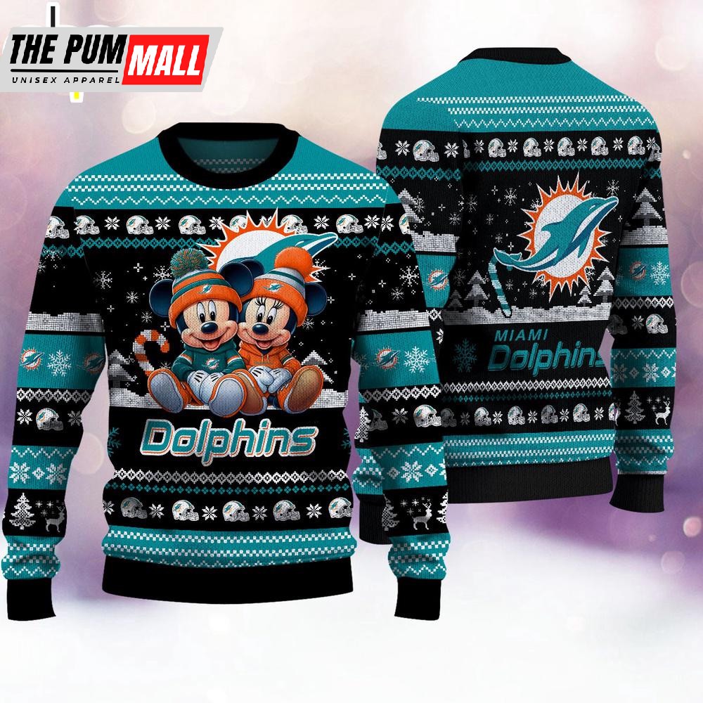 NFL Miami Dolphins Mickey And Minnie Cute Christmas Ugly Sweater