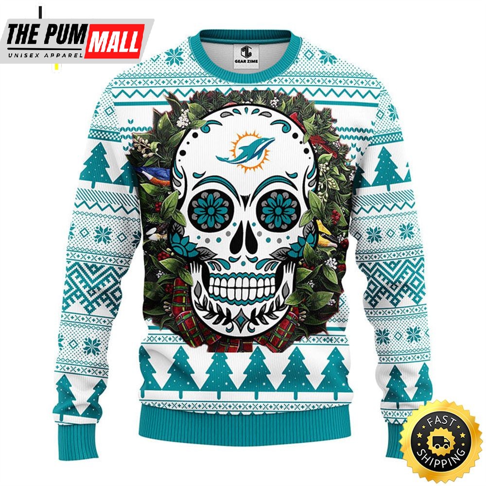 NFL Miami Dolphins Skull Flower Ugly Christmas Ugly Sweater