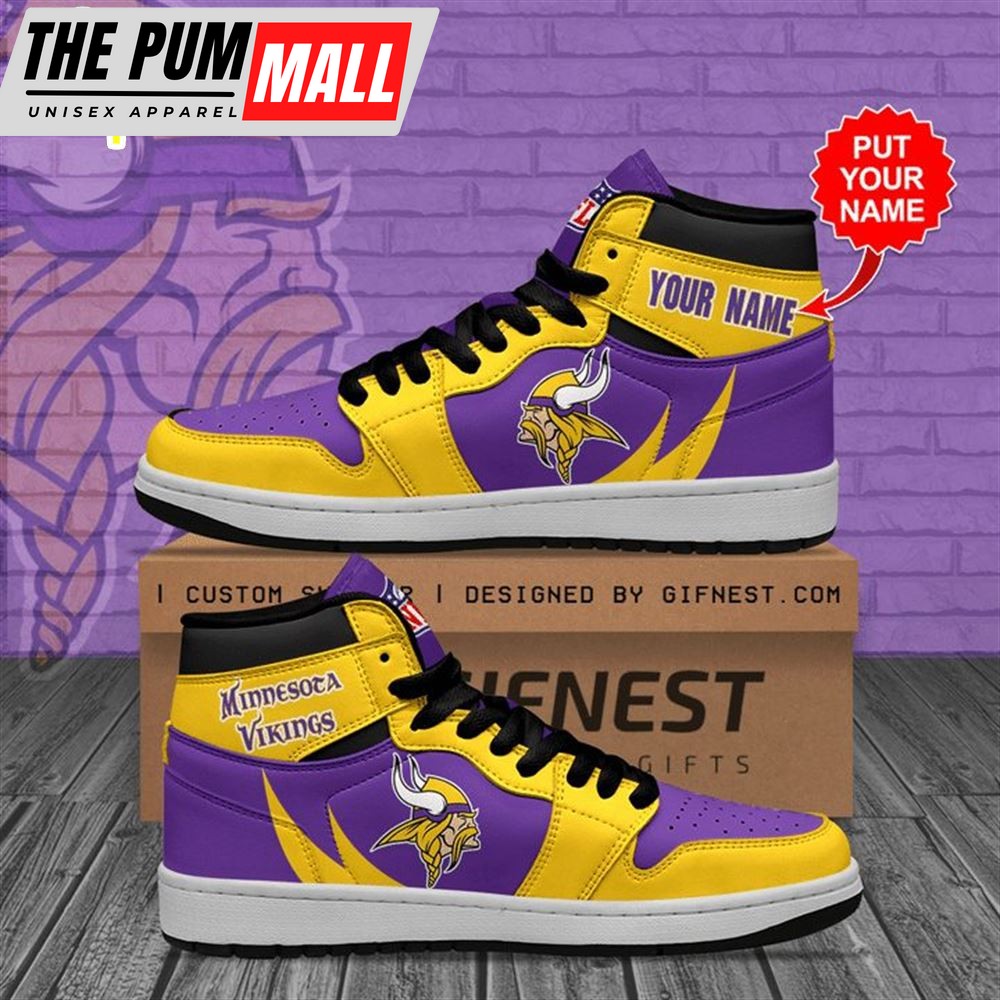 NFL Minnesota Vikings Custom Name Yellow Purple Fire Air Jd 1 High Sneakers