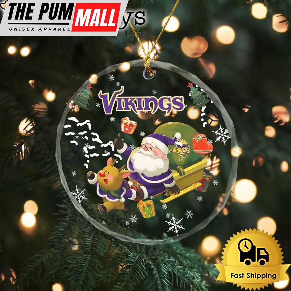 NFL Minnesota Vikings Santa And Reindeer Christmas Crystal Glass Ornament Limited Edition