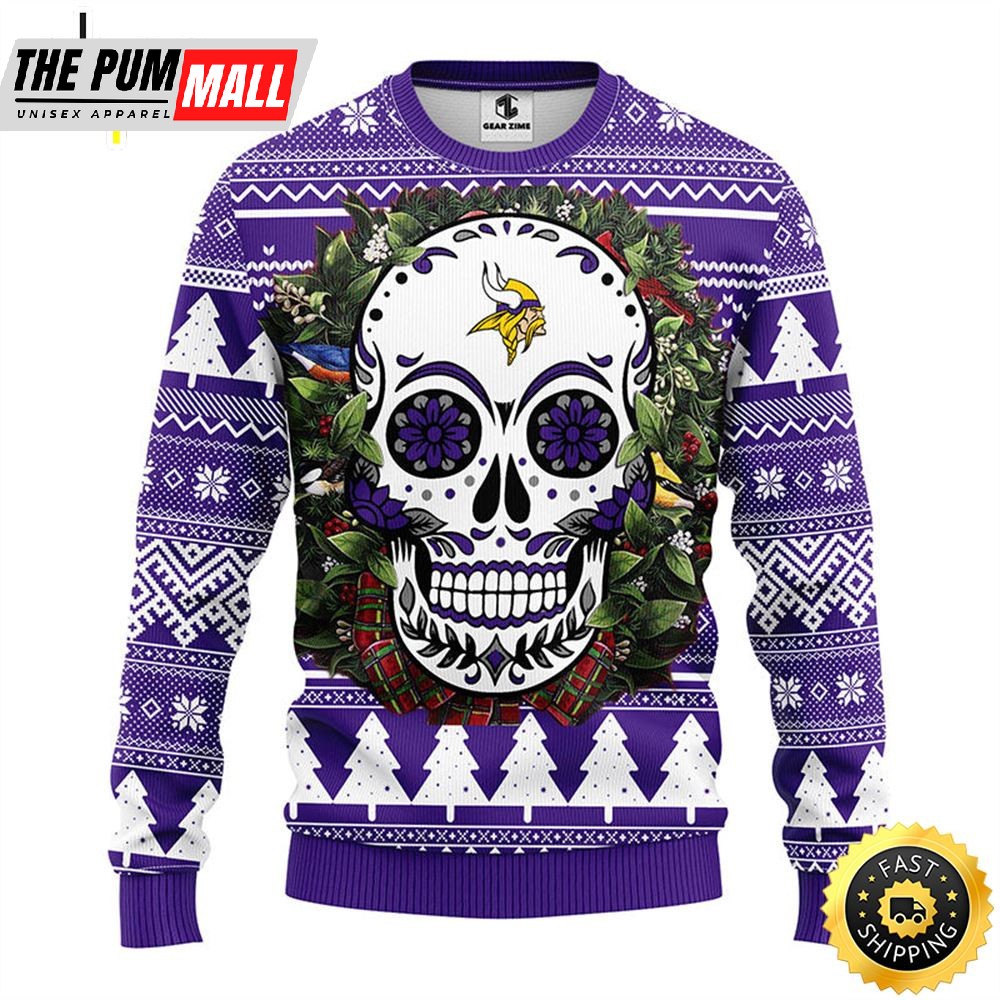 NFL Minnesota Vikings Skull Flower Ugly Christmas Ugly Sweater