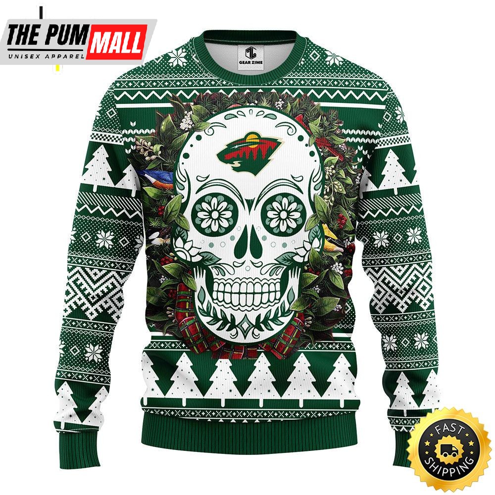 NFL Minnesota Wild Skull Flower Ugly Christmas Ugly Sweater