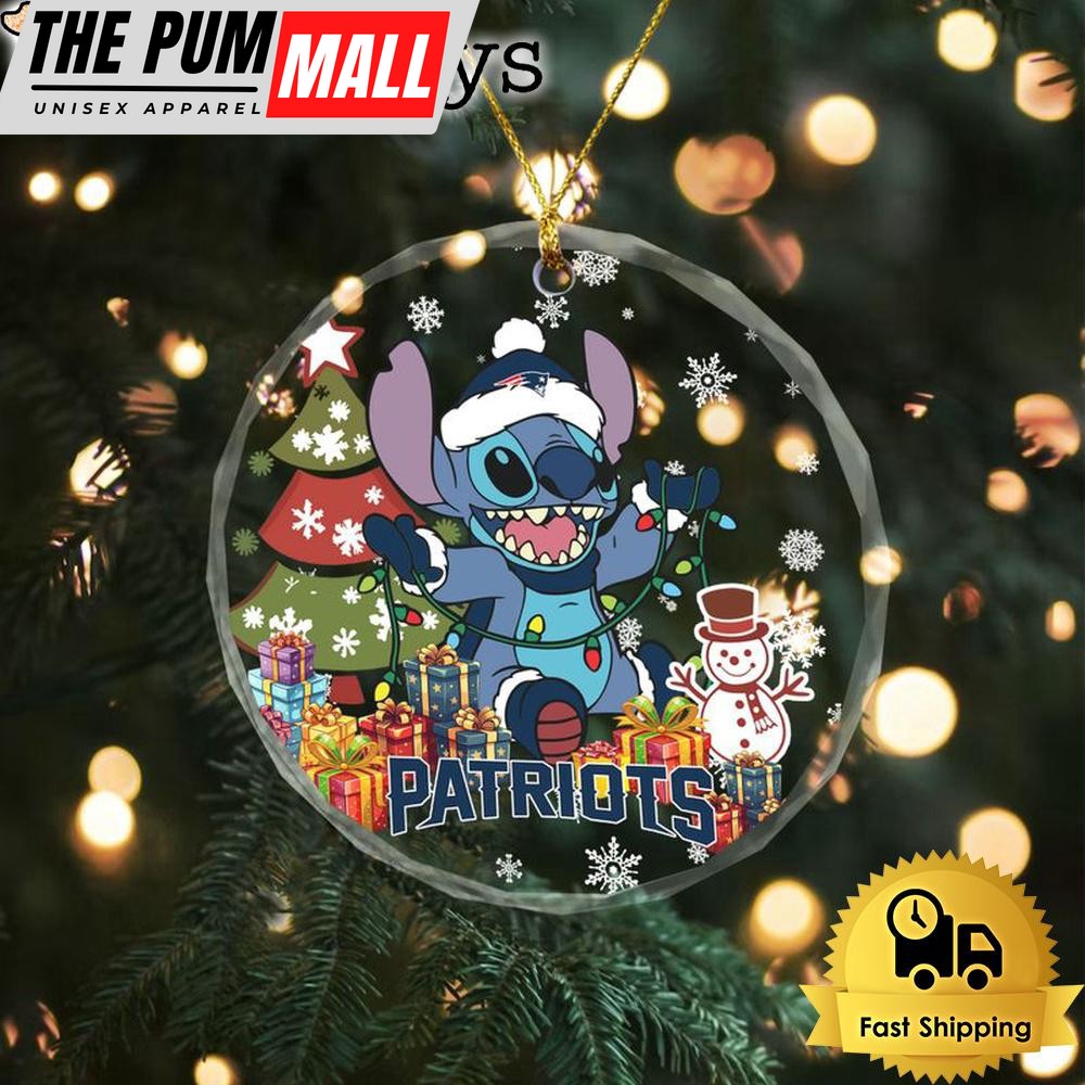 NFL New England Patriots Cute Stitch Christmas Crystal Glass Ornament Limited Edition