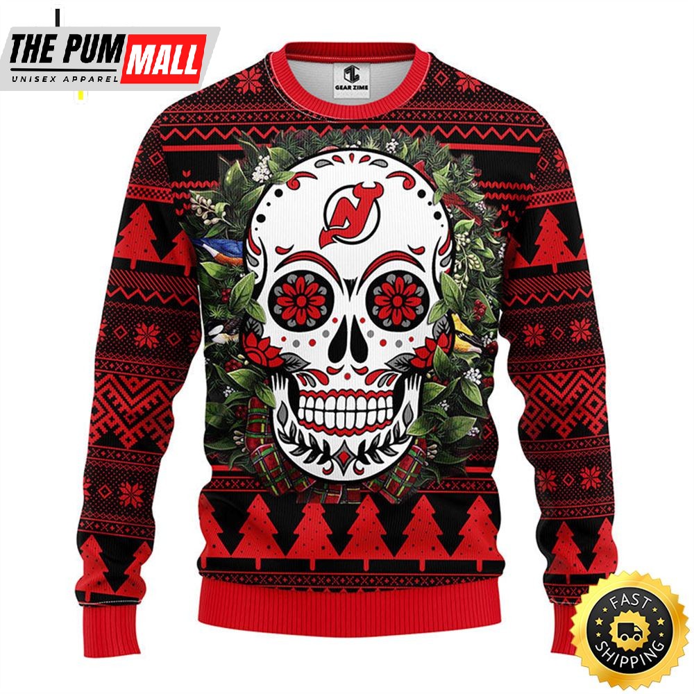 NFL New Jersey Devils Skull Flower Ugly Christmas Ugly Sweater