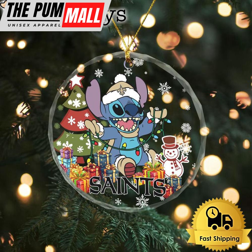 NFL New Orleans Saints Cute Stitch Christmas Crystal Glass Ornament Limited Edition