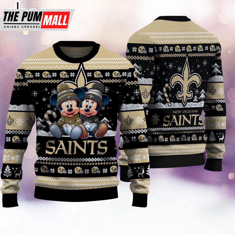 NFL New Orleans Saints Mickey And Minnie Cute Christmas Ugly Sweater