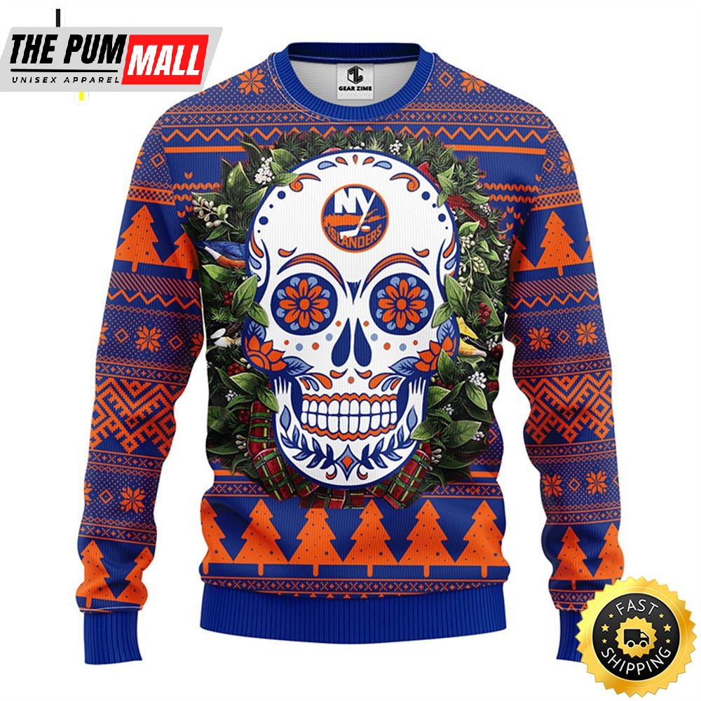 NFL New York Islanders Skull Flower Ugly Christmas Ugly Sweater