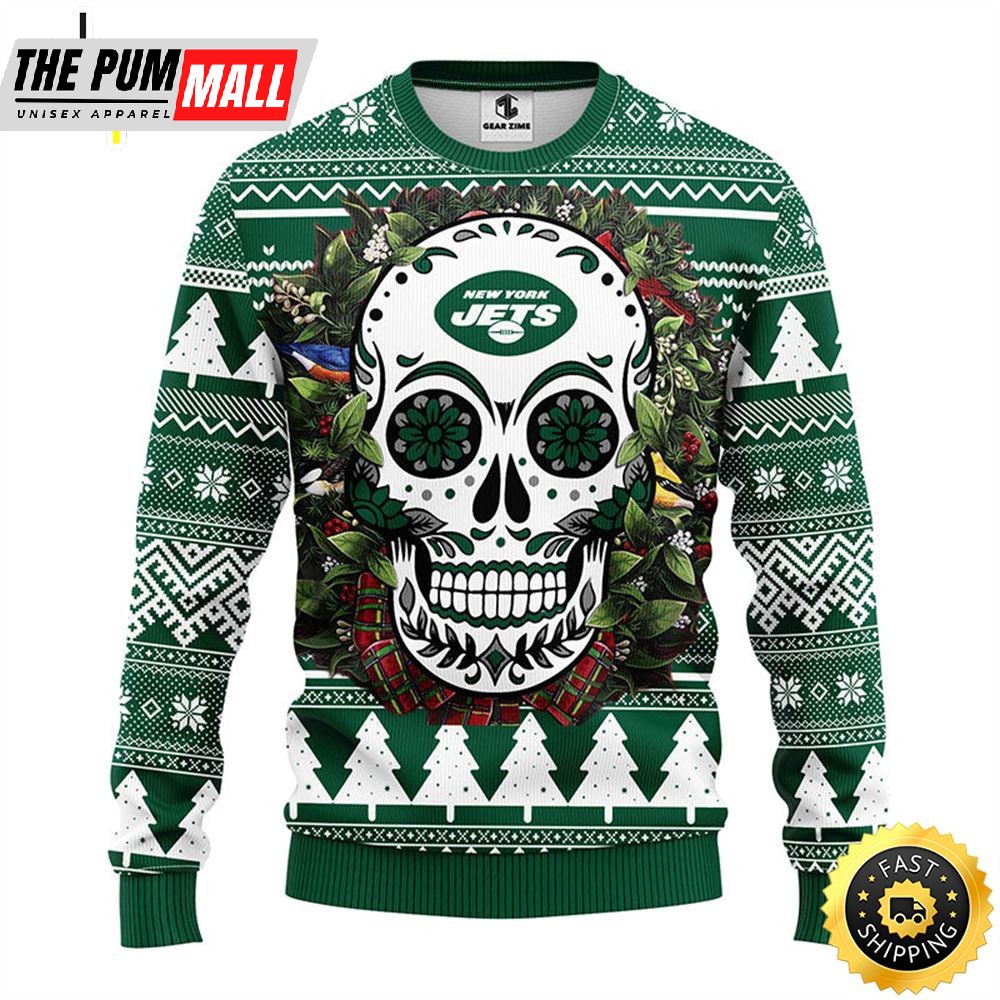 NFL New York Jets Skull Flower Ugly Christmas Ugly Sweater