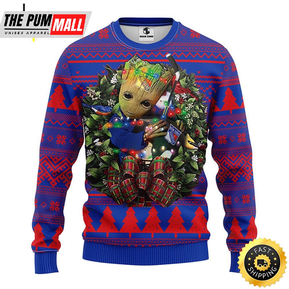 NFL New York Rangers Groot Hug Christmas Ugly Sweater