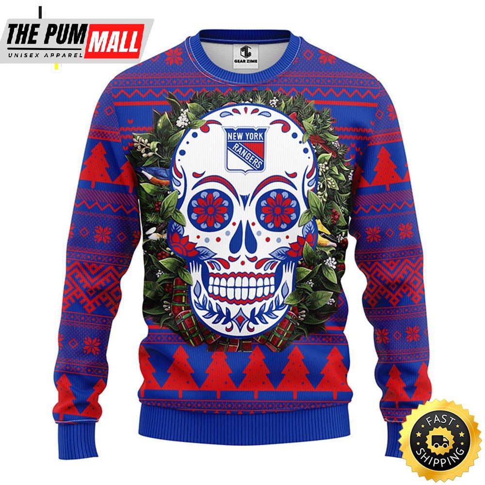 NFL New York Rangers Skull Flower Ugly Christmas Ugly Sweater