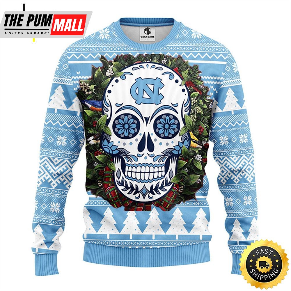 NFL North Carolina Tar Heels Skull Flower Ugly Christmas Ugly Sweater