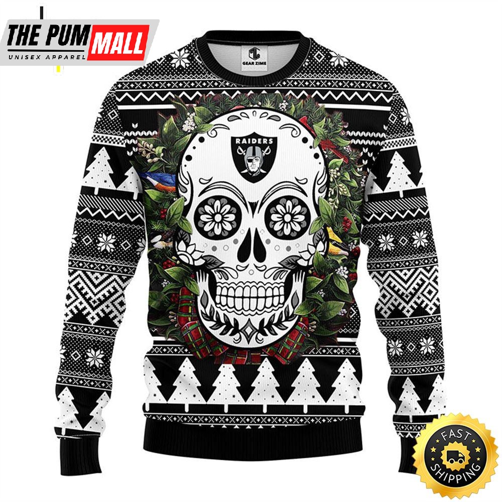 NFL Oakland Raiders Skull Flower Ugly Christmas Ugly Sweater
