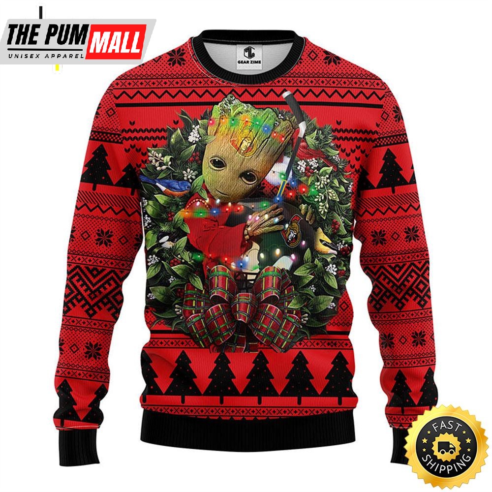 NFL Ottawa Senators Groot Hug Christmas Ugly Sweater