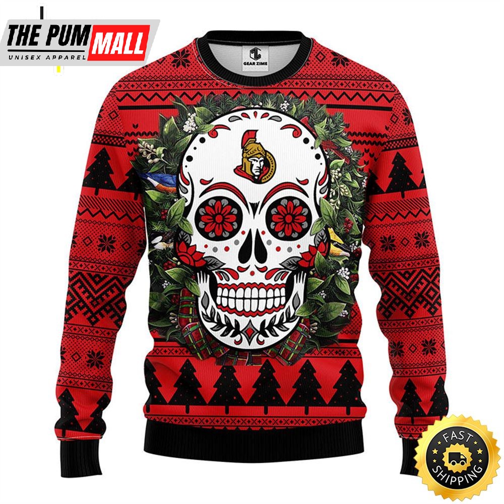 NFL Ottawa Senators Skull Flower Ugly Christmas Ugly Sweater