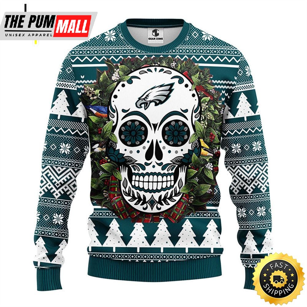 NFL Philadelphia Eagles Skull Flower Ugly Christmas Ugly Sweater