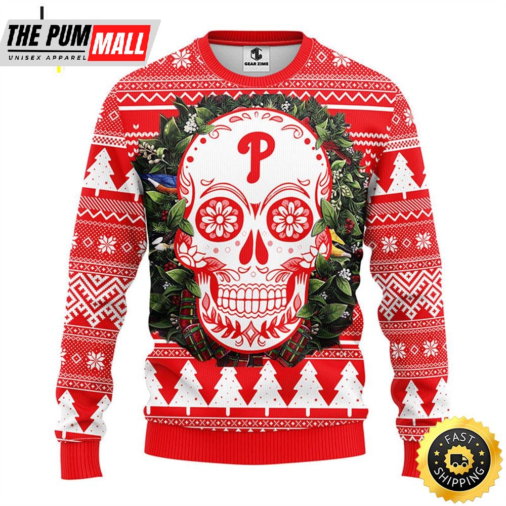 NFL Philadelphia Phillies Skull Flower Ugly Christmas Ugly Sweater