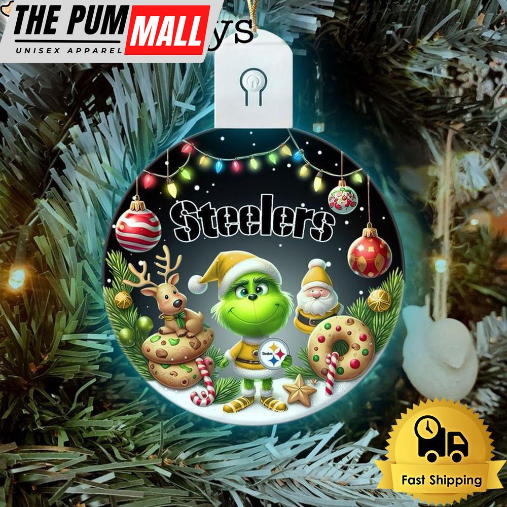 NFL Pittsburgh Steelers Cute Grinch Christmas Circle Led Acrylic Ornament Limited Edition