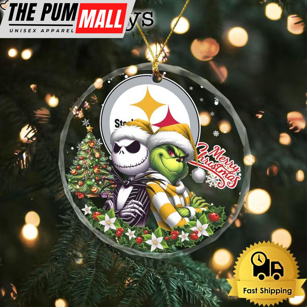 NFL Pittsburgh Steelers Santa And Grtch Christmas Crystal Glass Ornament Limited Edition