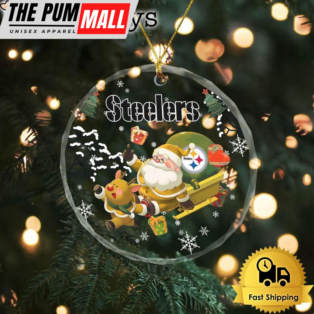 NFL Pittsburgh Steelers Santa And Reindeer Christmas Crystal Glass Ornament Limited Edition
