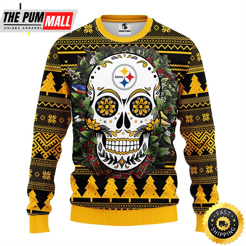 NFL Pittsburgh Steelers Skull Flower Ugly Christmas Ugly Sweater