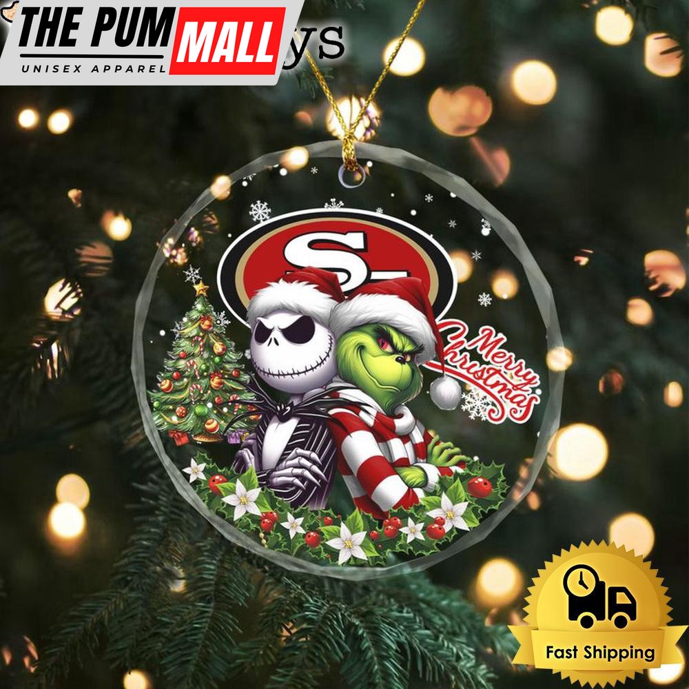 NFL San Francisco 49ers Santa And Grtch Christmas Crystal Glass Ornament Limited Edition
