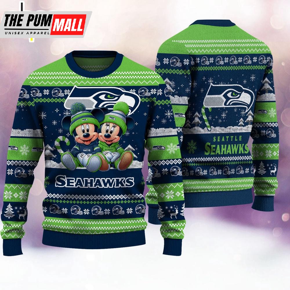 NFL Seattle Seahawks Mickey And Minnie Cute Christmas Ugly Sweater