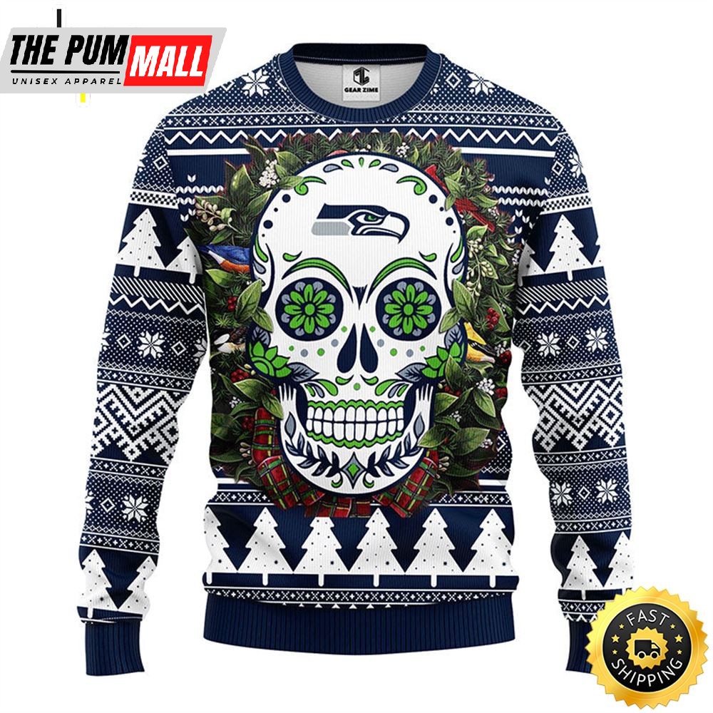 NFL Seattle Seahawks Skull Flower Ugly Christmas Fleece Sweater