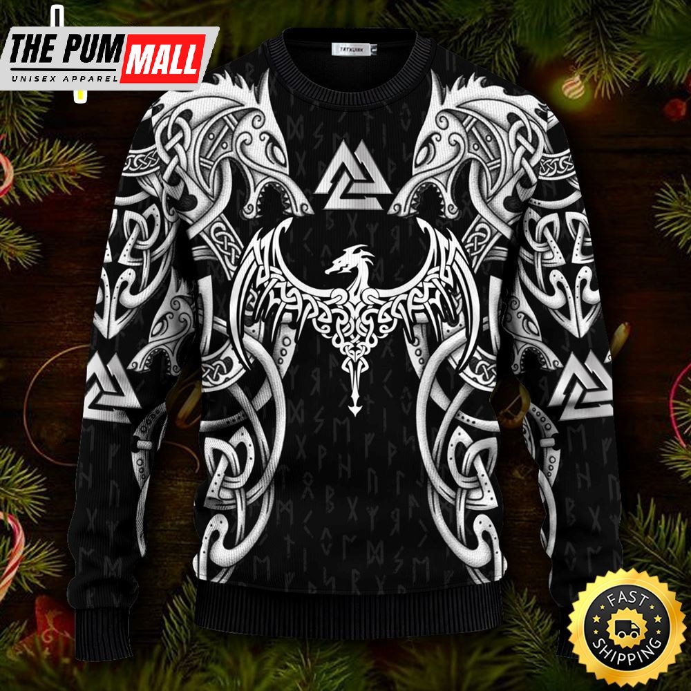 Norse Dragon Valknut Pattern Viking Ugly Christmas Skull Sweater Christmas