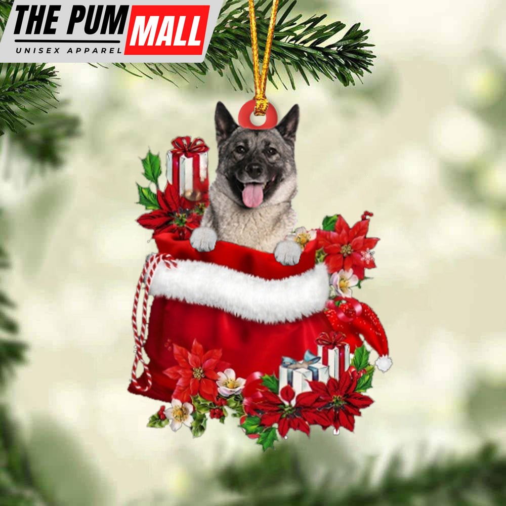 Norwegian Elkhound In Gift Bag Christmas Ornament – Car Ornaments – Gift For Dog Lovers Limited Edition
