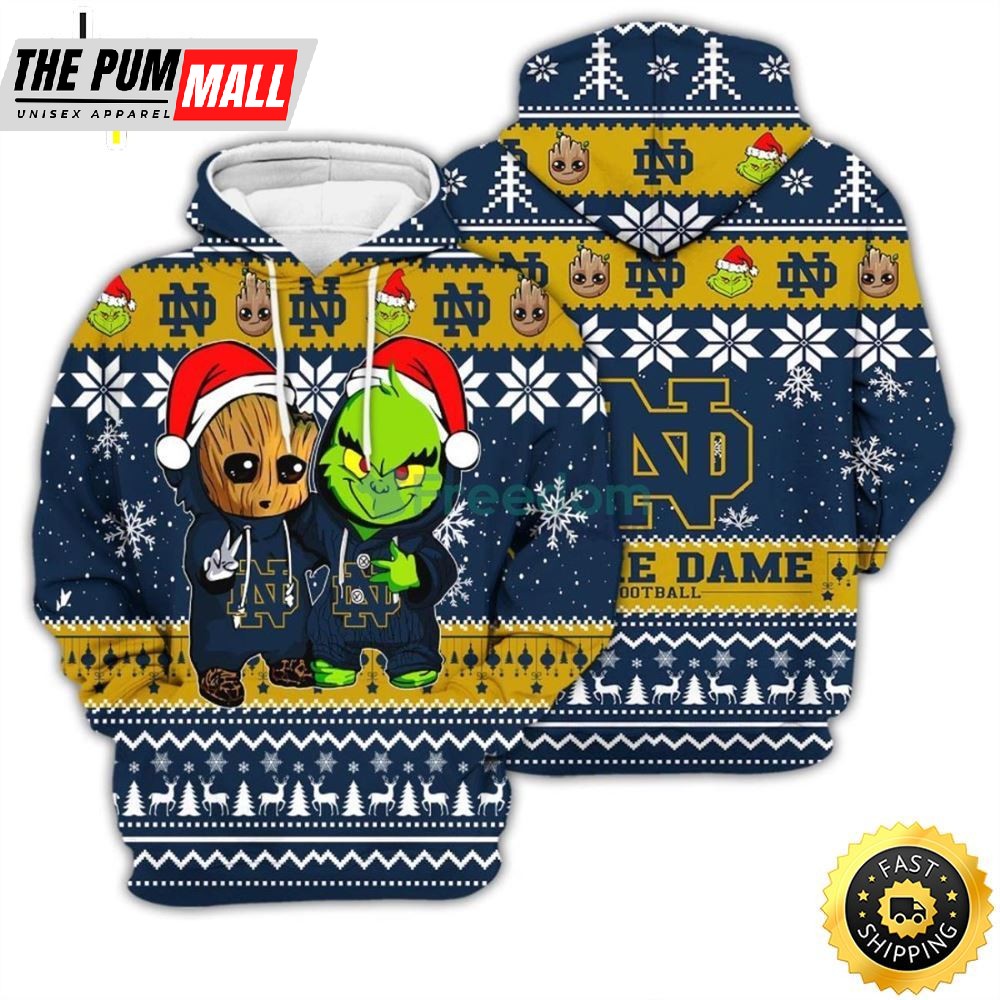 Notre Dame Fighting Irish Baby Groot And Grinch Best Friends 3D Chirstmas Sweater Hoodie