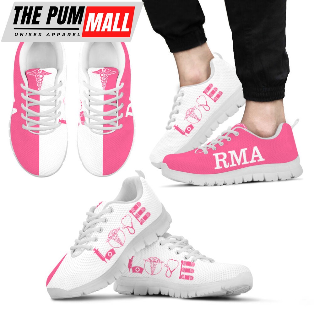Nurse Love Pink White Shoes, Nursing Fashion Sneakers For Men And Women