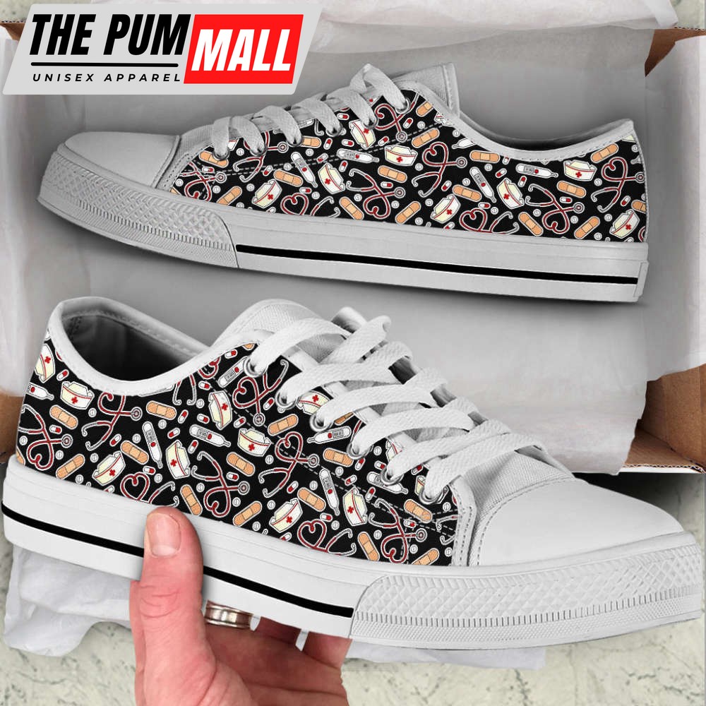 Nurse Patterns Black Low Top Shoes Canvas Sneakers Comfortable