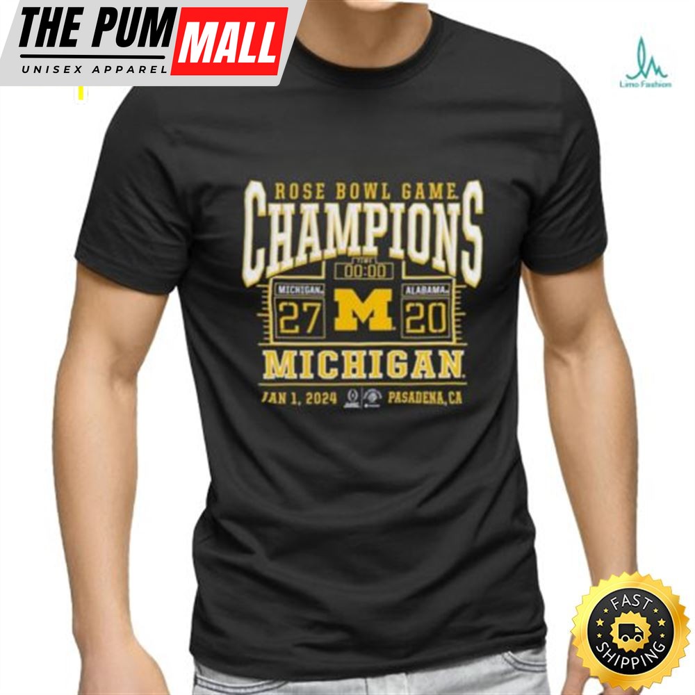 Official Branded College Football Playoff 2025 Michigan Wolverines Rose Bowl Champions Score T Shirt