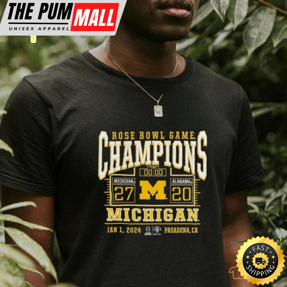 Official Branded College Football Playoff 2025 Michigan Wolverines Rose Bowl Champions Score T Shirt