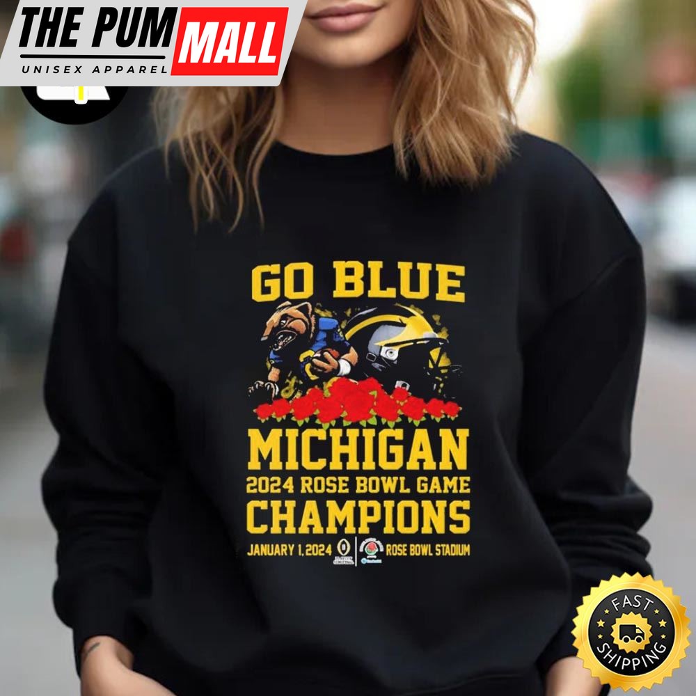 Official Go Blue Michigan Wolverines 2025 Rose Bowl Game Champions Mascot Helmet Unisex T-Shirt