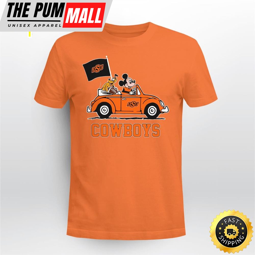 Oklahoma State Cowboys Pluto and Mickey Mouse Driving in a Car Shirt Mickey Mouse 100 Year Anniversary Shirt