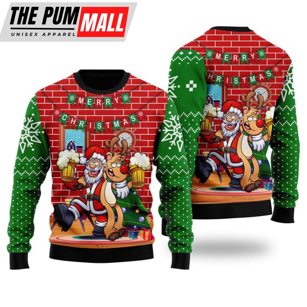 Oktoberfest Funny Santa Drink Beer With Reindeer Ugly Christmas Sweater