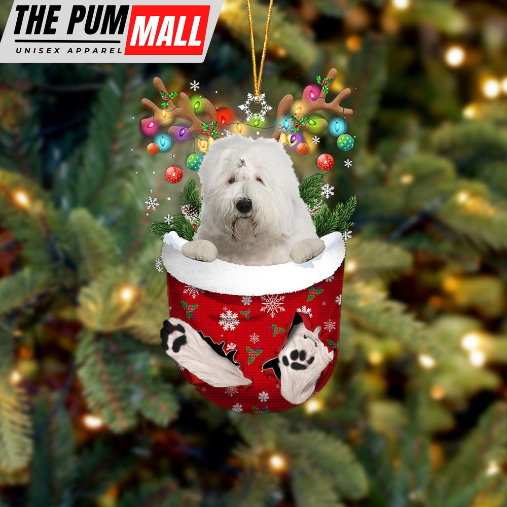 Old English Sheepdog In Snow Pocket Christmas Ornament – Two Sided Christmas Plastic Hanging Limited Edition