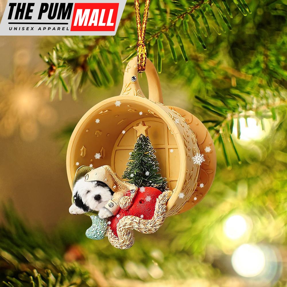 Old English Sheepdog Sleeping In A Tiny Cup Christmas Holiday Two Sided Ornament – Best Gifts for Dog Lovers Limited Edition