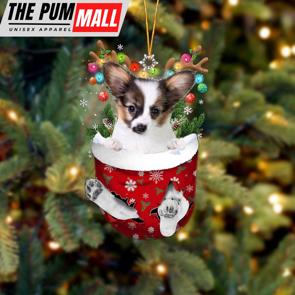 Papillon 1 In Snow Pocket Christmas Ornament – Two Sided Christmas Plastic Hanging Limited Edition